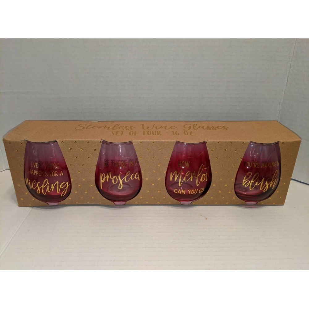 Vino Umbre Pink Stemless Wine Glasses 16oz Riesling, Prosecco , Merlot & Blush